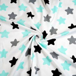 Cotton 100%, gray-turquoise gingerbread stars on a white background