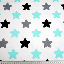 Cotton 100%, gray-turquoise gingerbread stars on a white background