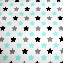 Cotton 100%, gray-turquoise gingerbread stars on a white background