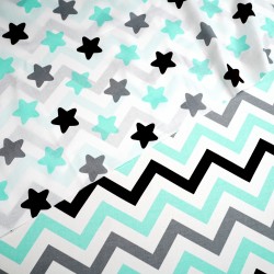 Cotton 100%, gray-turquoise gingerbread stars on a white background