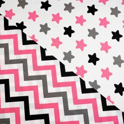 Cotton 100% raspberry gray black zigzag on a white background