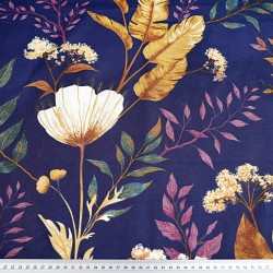 Cotton 100% poppy and dill flowers on a navy blue background