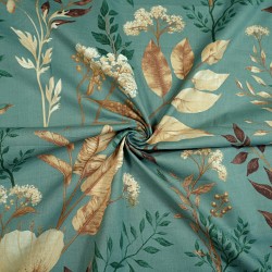 Cotton 100% poppy and dill flowers on a sage green background