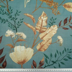 Cotton 100% poppy and dill flowers on a sage green background