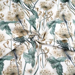 Cotton 100% dandelions and sage-beige leaves on a white background