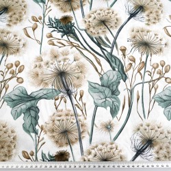 Cotton 100% dandelions and sage-beige leaves on a white background