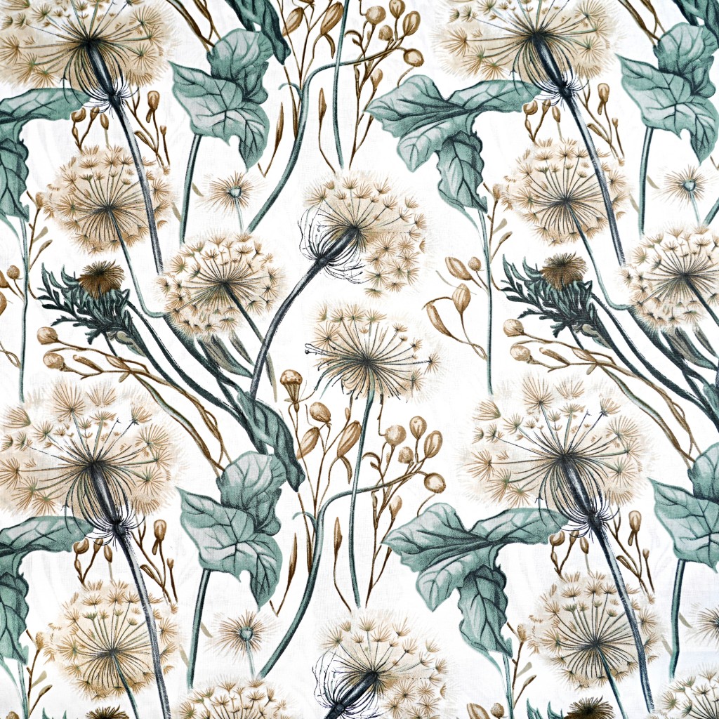 Cotton 100% dandelions and sage-beige leaves on a white background