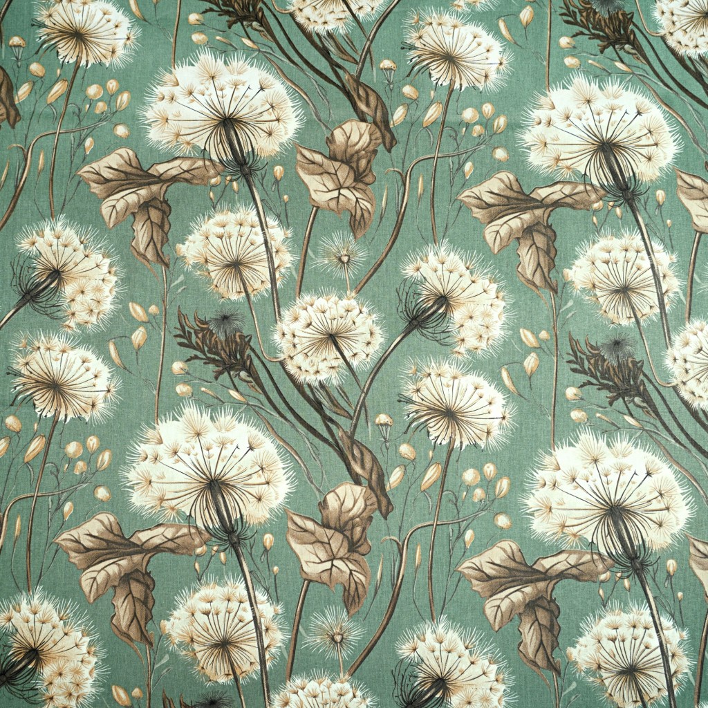 Cotton 100% dandelions and beige leaves on a sage green background