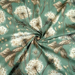 Cotton 100% dandelions and beige leaves on a sage green background