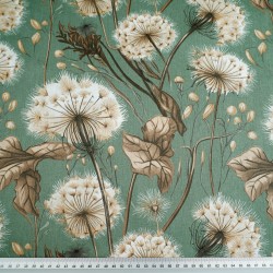 Cotton 100% dandelions and beige leaves on a sage green background