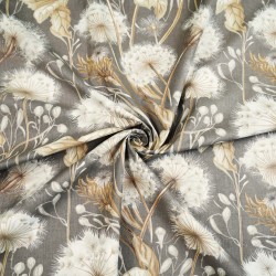 Cotton 100% dandelions and beige leaves on a beige grey background