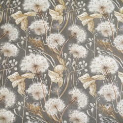 Cotton 100% dandelions and beige leaves on a beige grey background