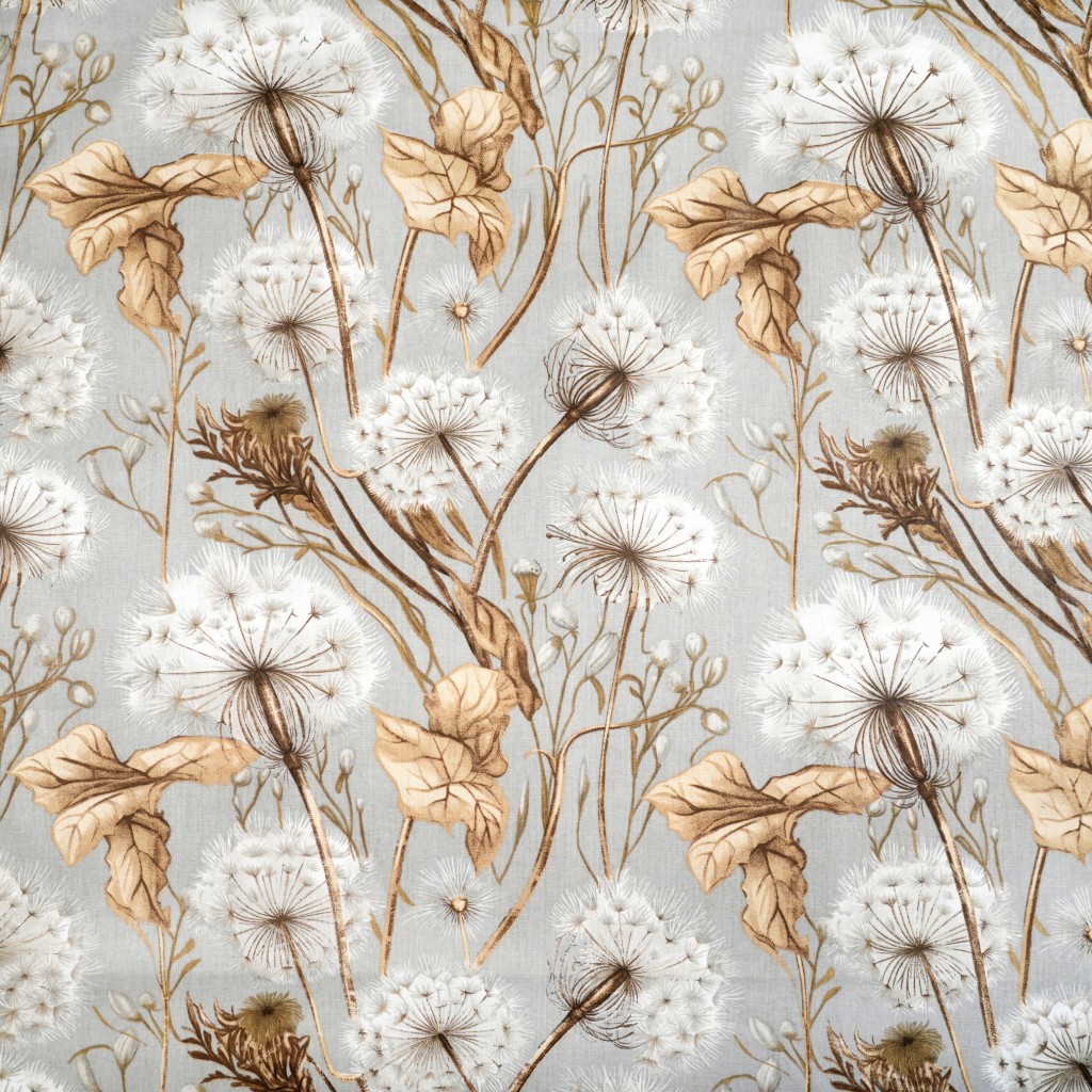 Cotton 100% dandelions and beige leaves on a light grey background