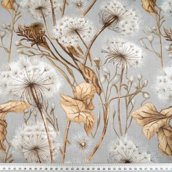 Cotton 100% dandelions and beige leaves on a light grey background