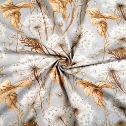 Cotton 100% dandelions and beige leaves on a light grey background