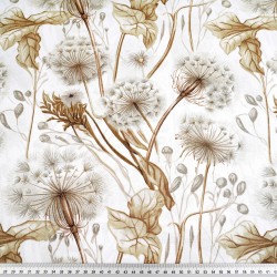 Cotton 100% dandelions and beige leaves on a white background