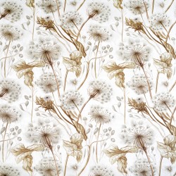 Cotton 100% dandelions and beige leaves on a white background