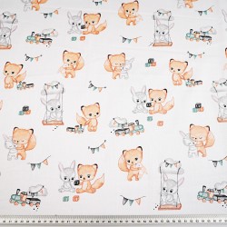 Cotton 100% foxes and bunnies with toys on a white background