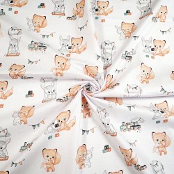 Cotton 100% foxes and bunnies with toys on a white background