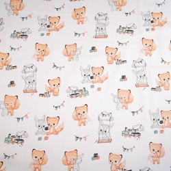 Cotton 100% foxes and bunnies with toys on a white background