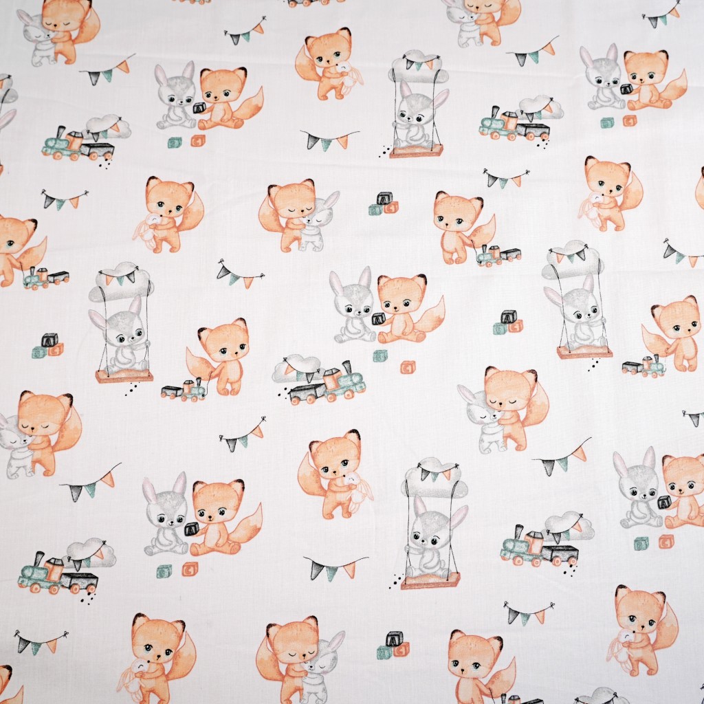 Cotton 100% foxes and bunnies with toys on a white background