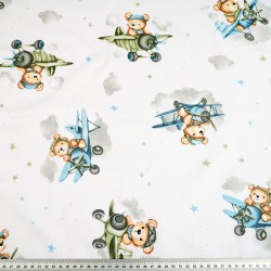 Cotton 100% teddy bears in green blue planes on a white background