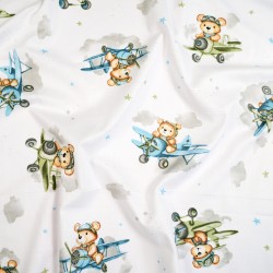 Cotton 100% teddy bears in green blue planes on a white background