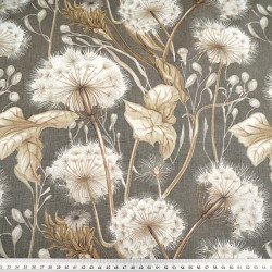 Cotton 100% dandelions and beige leaves on a beige grey background