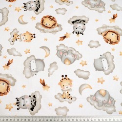 Cotton 100% African animals on grey clouds on a white background