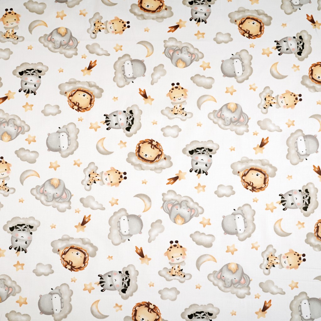 Cotton 100% African animals on grey clouds on a white background