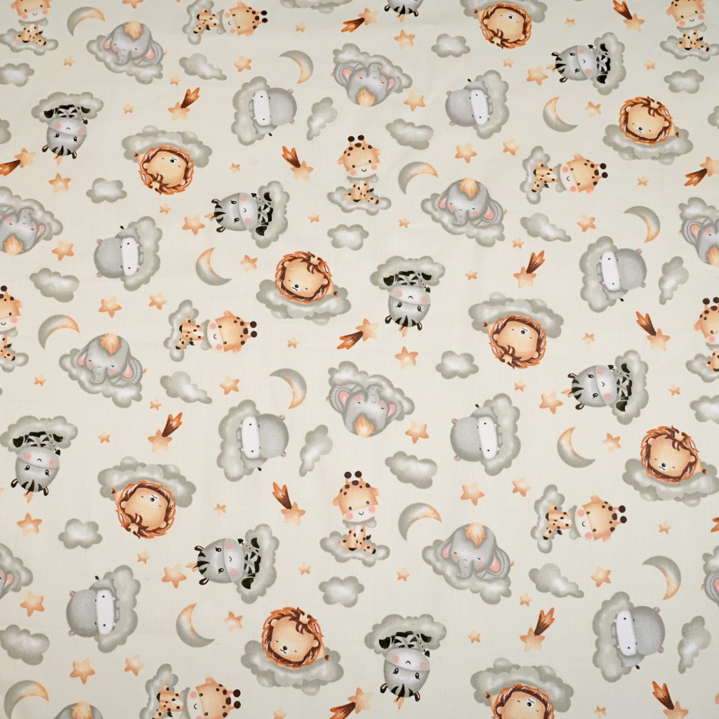 Cotton 100% African animals on grey clouds on a ecru background