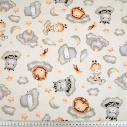 Cotton 100% African animals on grey clouds on a ecru background