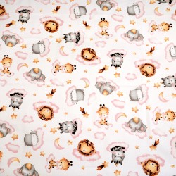 Cotton 100% African animals on pink clouds on a white background