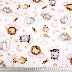 Cotton 100% African animals on pink clouds on a white background