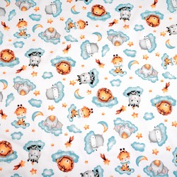 Cotton 100% African animals on blue clouds on a white background