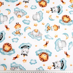 Cotton 100% African animals on blue clouds on a white background