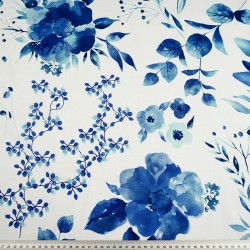 Cotton 100% large navy blue flowers on a white background