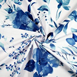 Cotton 100% large navy blue flowers on a white background