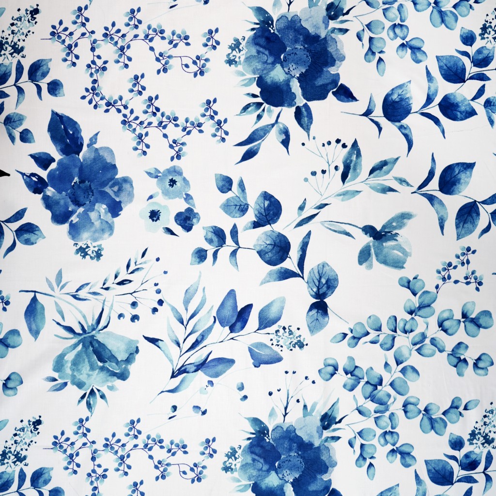 Cotton 100% large navy blue flowers on a white background