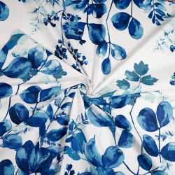 Cotton 100% sapphire eucalyptus leaves on white background - 220 cm