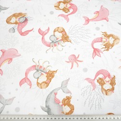 Cotton 100% pink and gray mermaids and dolphins