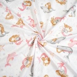 Cotton 100% pink and gray mermaids and dolphins