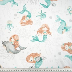 Cotton 100% turquoise and gray mermaids and dolphins