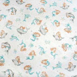 Cotton 100% turquoise and gray mermaids and dolphins