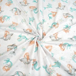 Cotton 100% turquoise and gray mermaids and dolphins