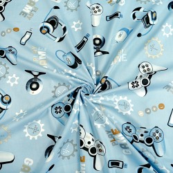 Cotton 100% video games on a light blue background