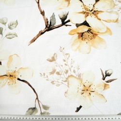 Cotton 100% large light yellow apple flowers on a white background