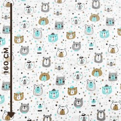 Cotton 100% turquoise, gray and beige teddy bear heads