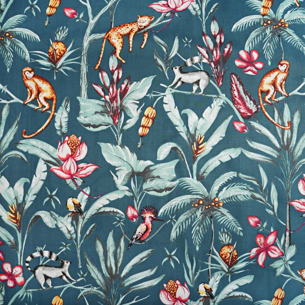 Cotton 100% jungle animals on a denim background