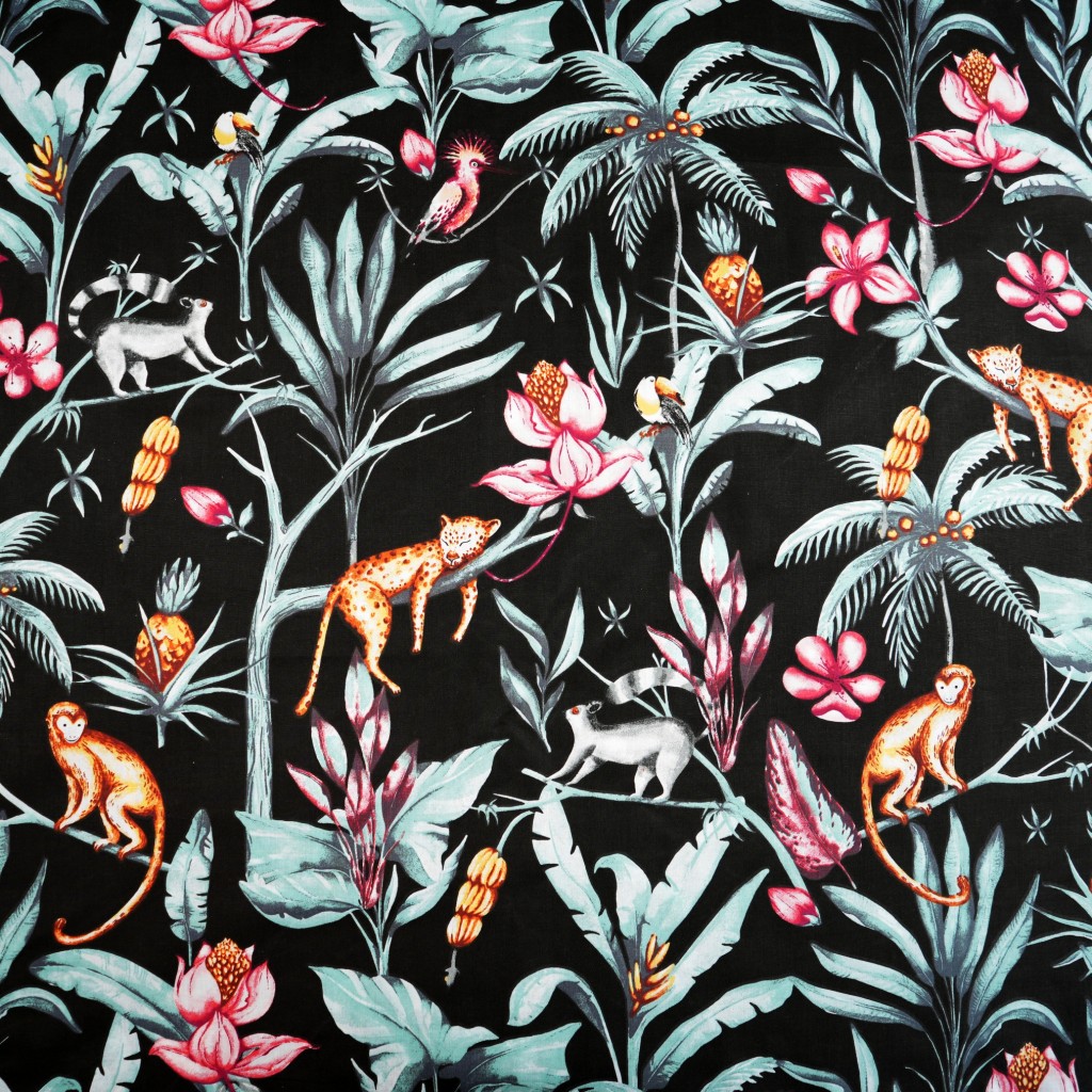 Cotton 100% jungle animals on a black background